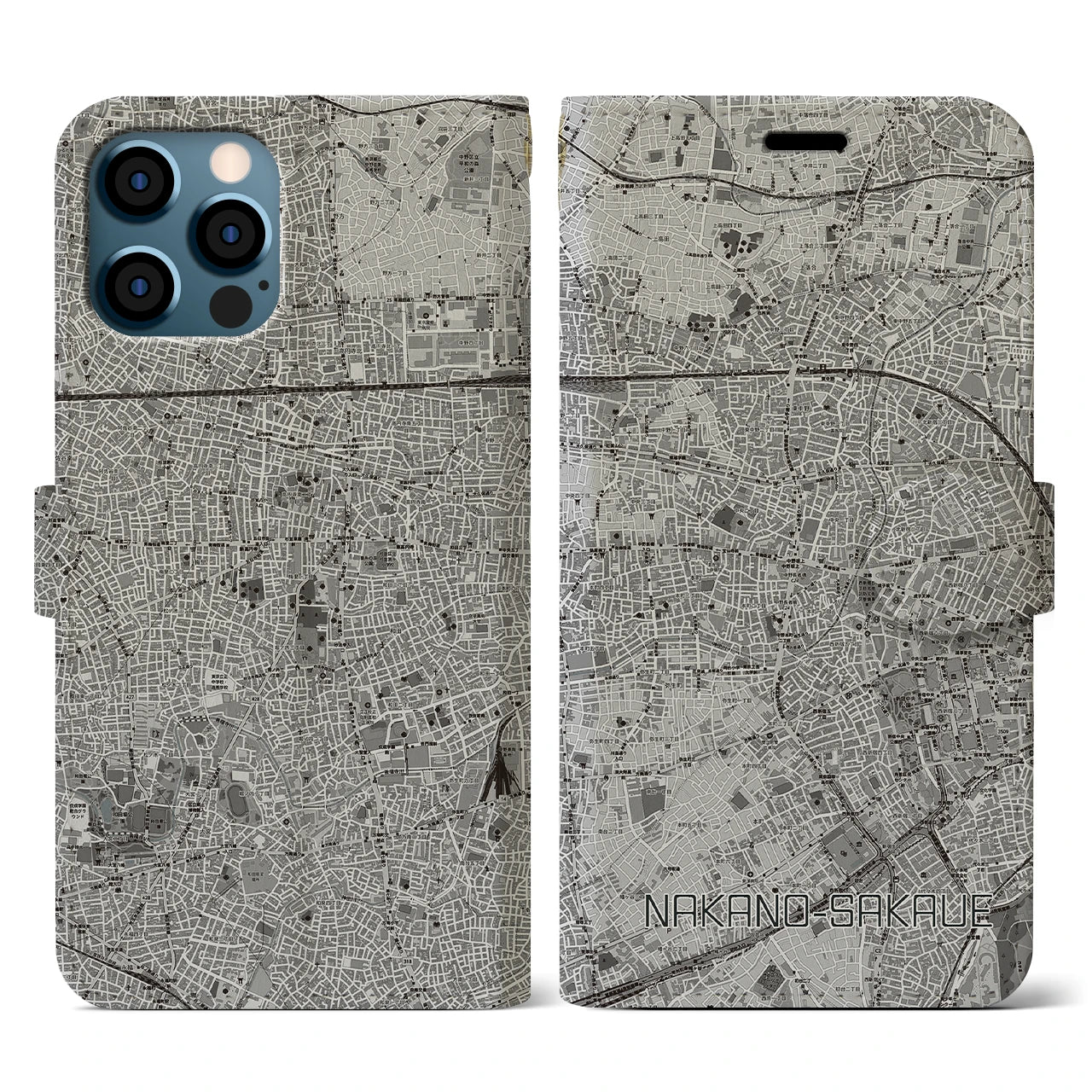 【中野坂上(東京都)】地図柄iPhoneケース(手帳タイプ)モノトーン・iPhone 12 / 12 Pro 用