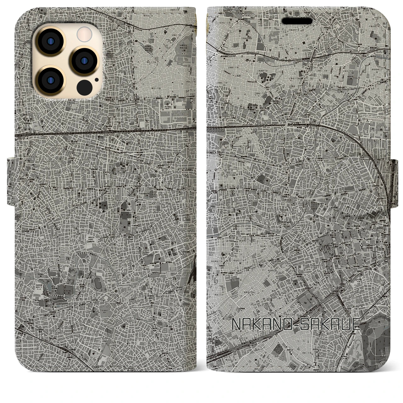 【中野坂上(東京都)】地図柄iPhoneケース(手帳タイプ)モノトーン・iPhone 12 Pro Max 用