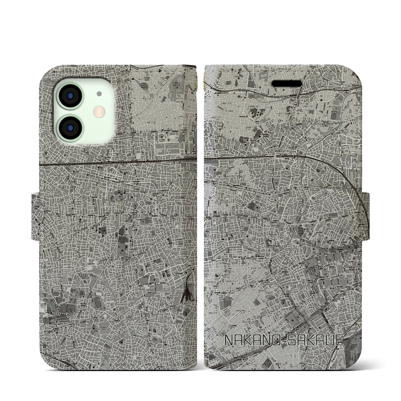 【中野坂上(東京都)】地図柄iPhoneケース(手帳タイプ)モノトーン・iPhone 12 mini 用