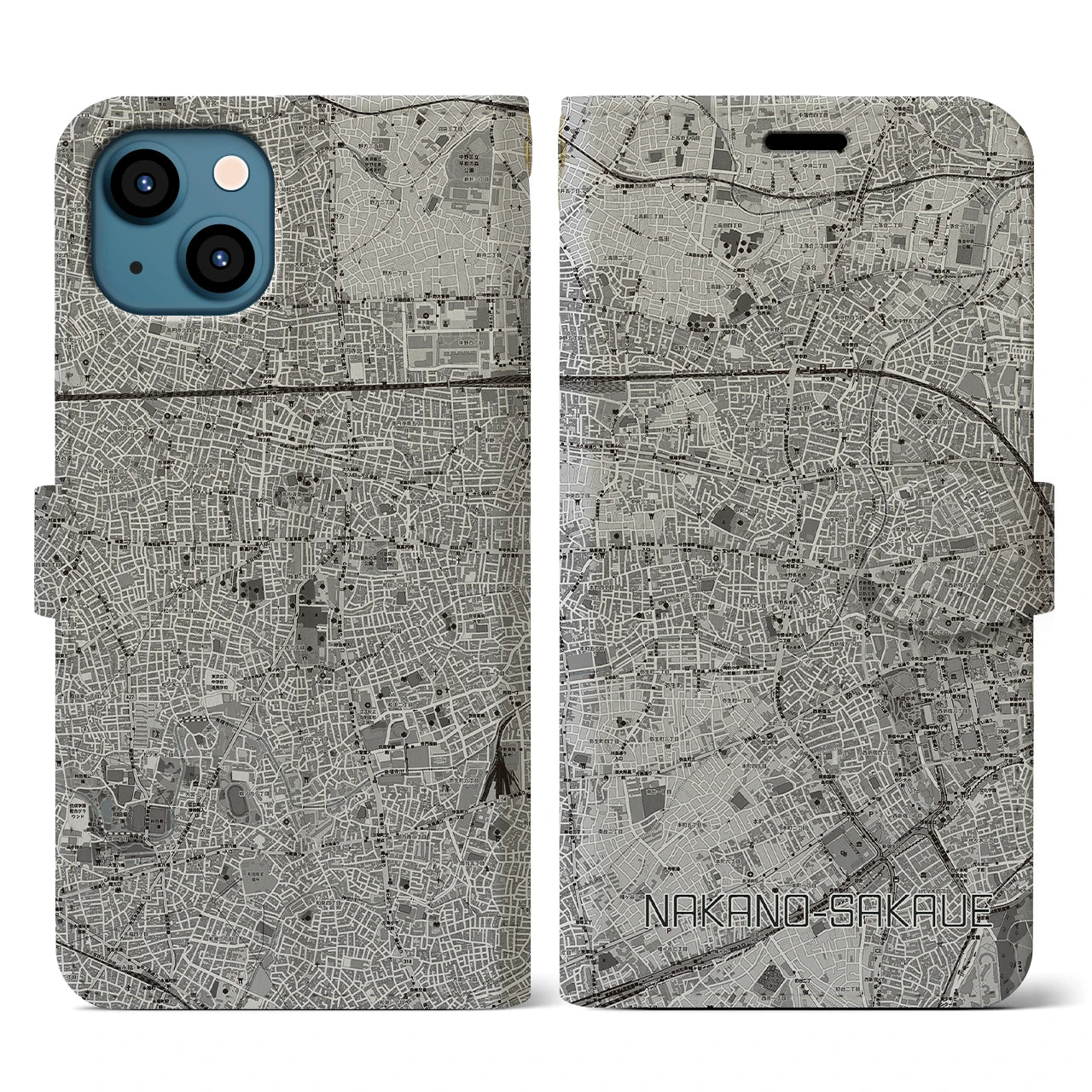 【中野坂上(東京都)】地図柄iPhoneケース(手帳タイプ)モノトーン・iPhone 13 用