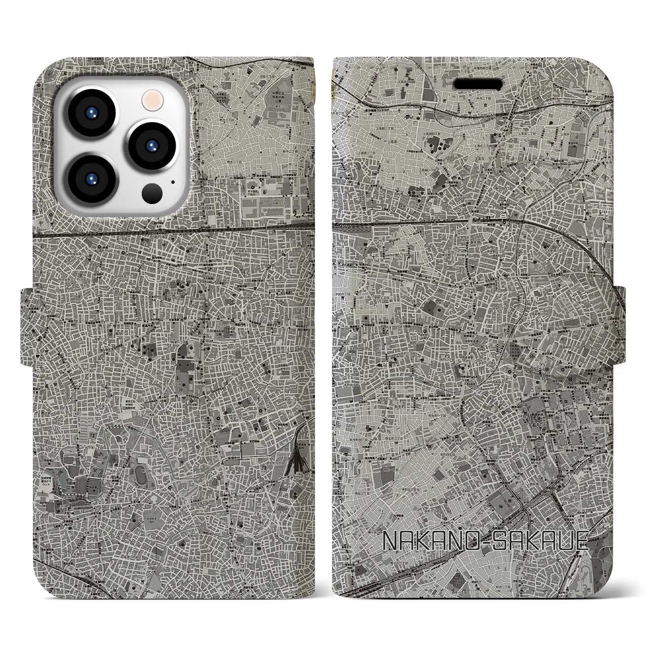 【中野坂上(東京都)】地図柄iPhoneケース(手帳タイプ)モノトーン・iPhone 13 Pro 用