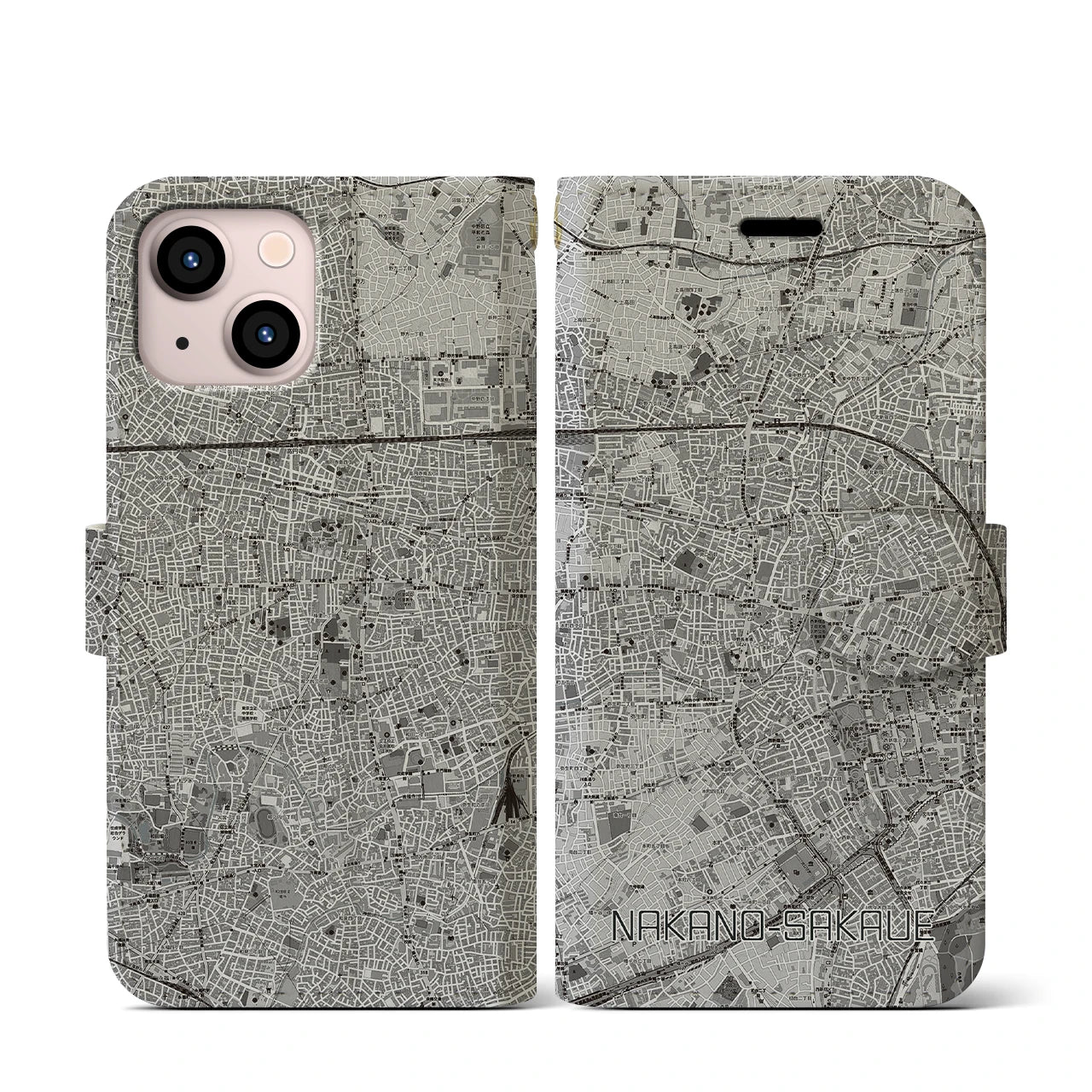 【中野坂上(東京都)】地図柄iPhoneケース(手帳タイプ)モノトーン・iPhone 13 mini 用