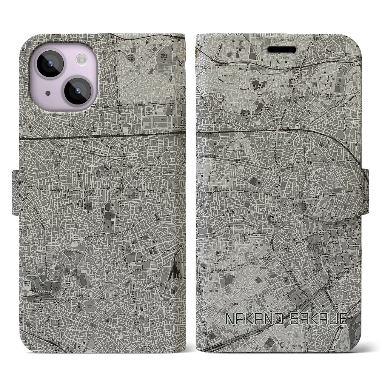 【中野坂上(東京都)】地図柄iPhoneケース(手帳タイプ)モノトーン・iPhone 14 用