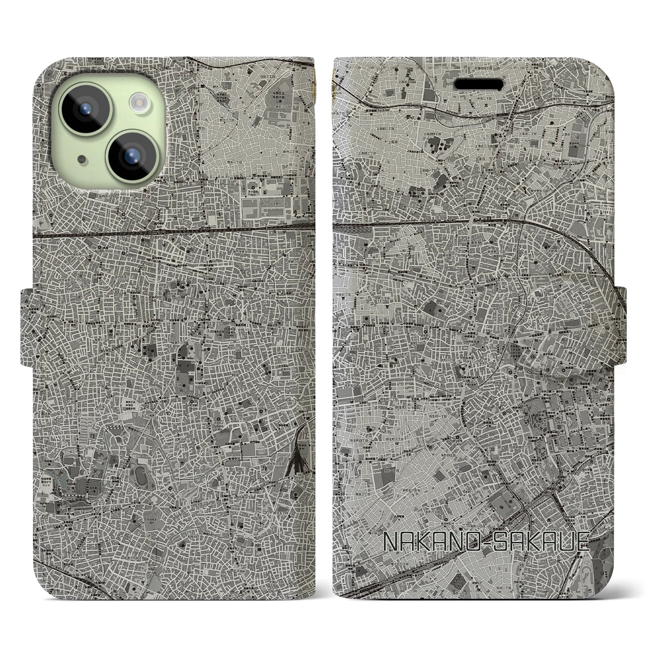 【中野坂上(東京都)】地図柄iPhoneケース(手帳タイプ)モノトーン・iPhone 15 用