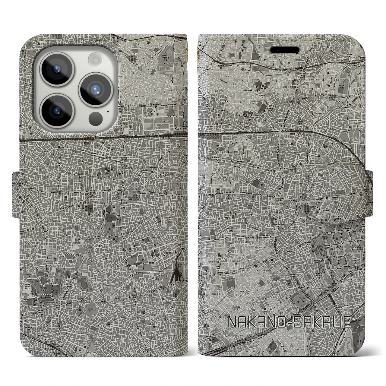 【中野坂上(東京都)】地図柄iPhoneケース(手帳タイプ)モノトーン・iPhone 15 Pro 用