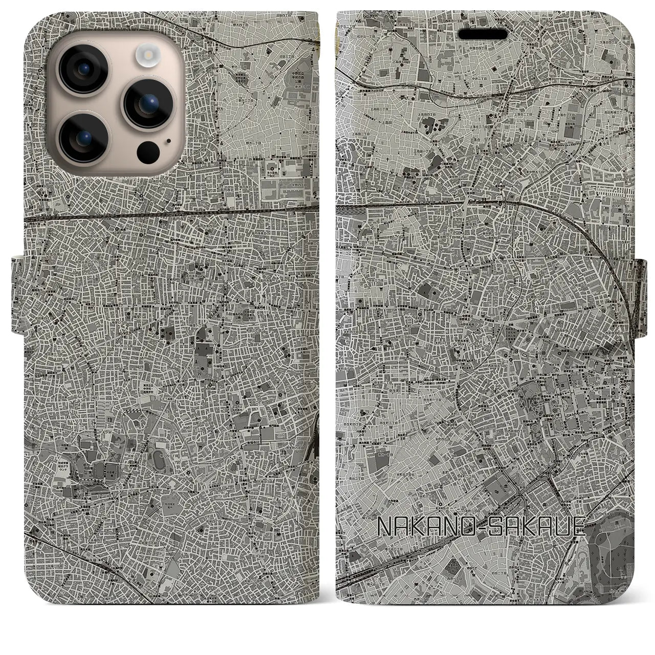 【中野坂上(東京都)】地図柄iPhoneケース(手帳タイプ)モノトーン・iPhone 16 Plus 用