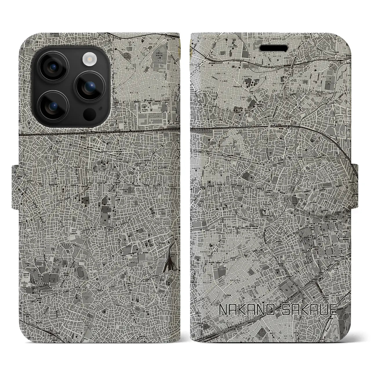 【中野坂上(東京都)】地図柄iPhoneケース(手帳タイプ)モノトーン・iPhone 16 用