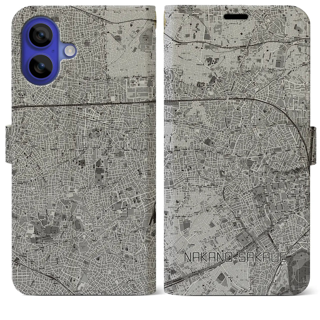 【中野坂上(東京都)】地図柄iPhoneケース(手帳タイプ)モノトーン・iPhone 16 Pro Max 用