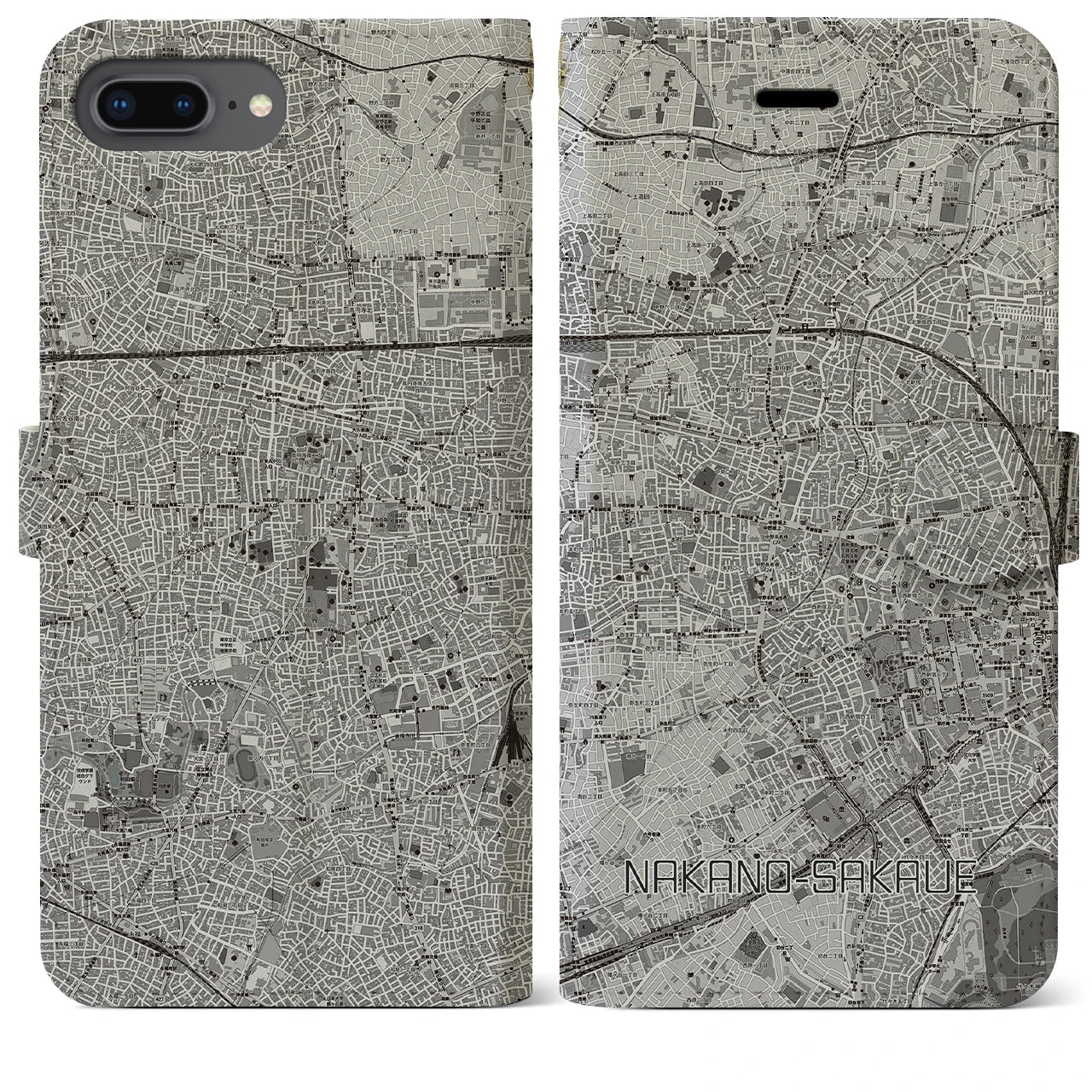 【中野坂上(東京都)】地図柄iPhoneケース(手帳タイプ)モノトーン・iPhone 8Plus /7Plus / 6sPlus / 6Plus 用