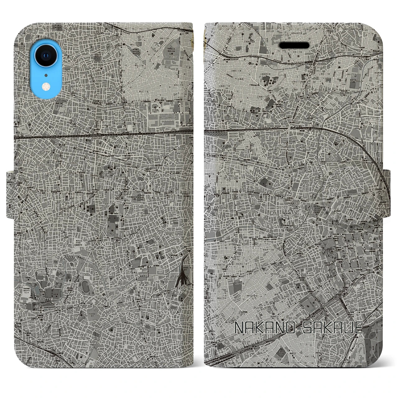 【中野坂上(東京都)】地図柄iPhoneケース(手帳タイプ)モノトーン・iPhone XR 用