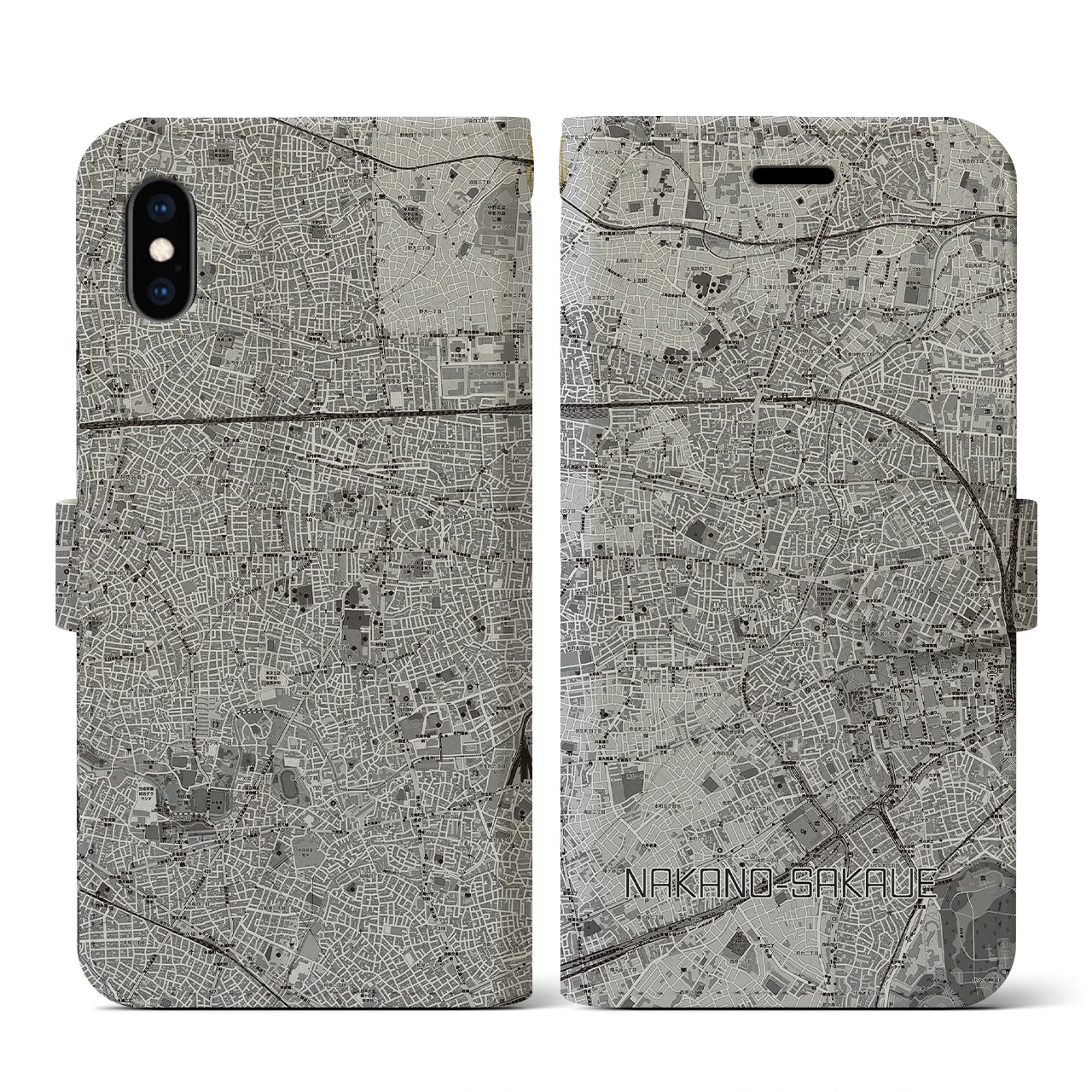 【中野坂上(東京都)】地図柄iPhoneケース(手帳タイプ)モノトーン・iPhone XS / X 用