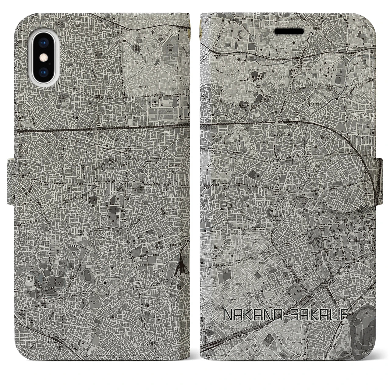 【中野坂上(東京都)】地図柄iPhoneケース(手帳タイプ)モノトーン・iPhone XS Max 用