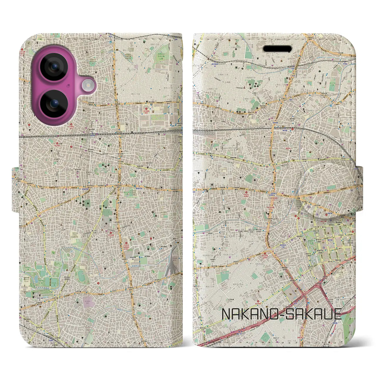 【中野坂上(東京都)】地図柄iPhoneケース(手帳タイプ)ナチュラル・iPhone 16 Pro 用