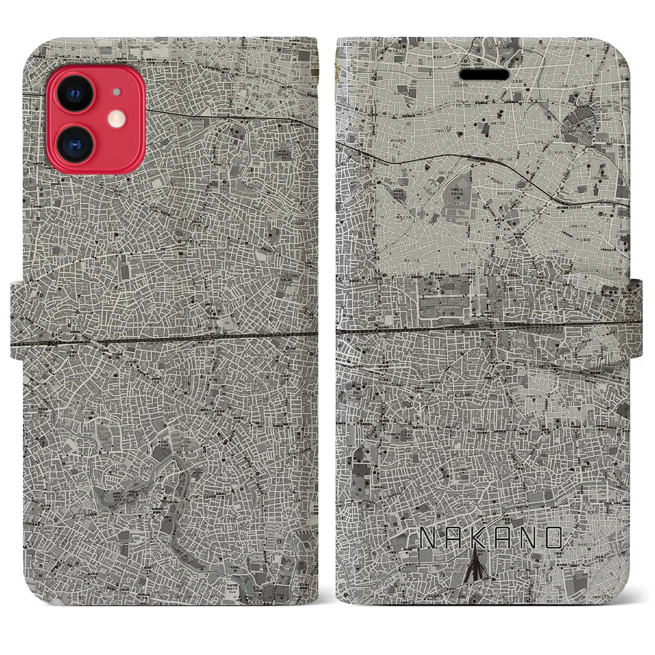 【中野2(東京都)】地図柄iPhoneケース(手帳タイプ)モノトーン・iPhone 11 用