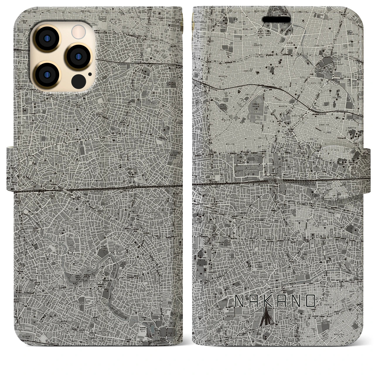 【中野2(東京都)】地図柄iPhoneケース(手帳タイプ)モノトーン・iPhone 12 Pro Max 用
