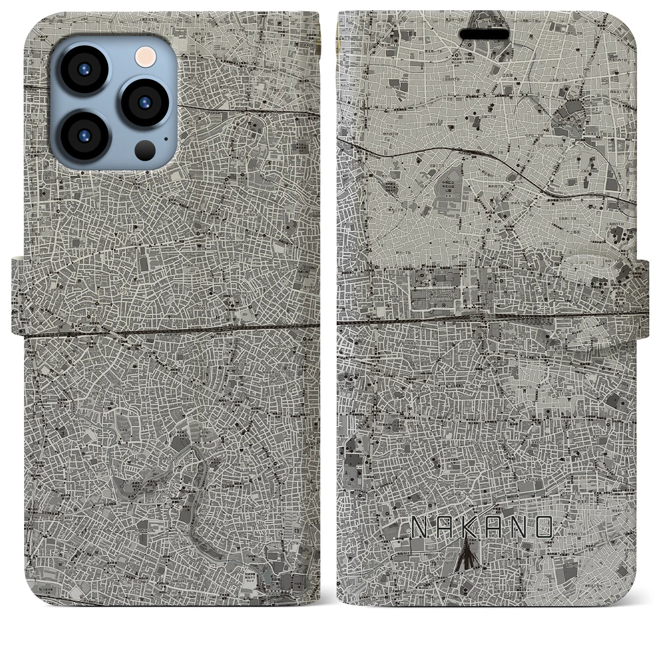 【中野2(東京都)】地図柄iPhoneケース(手帳タイプ)モノトーン・iPhone 13 Pro Max 用