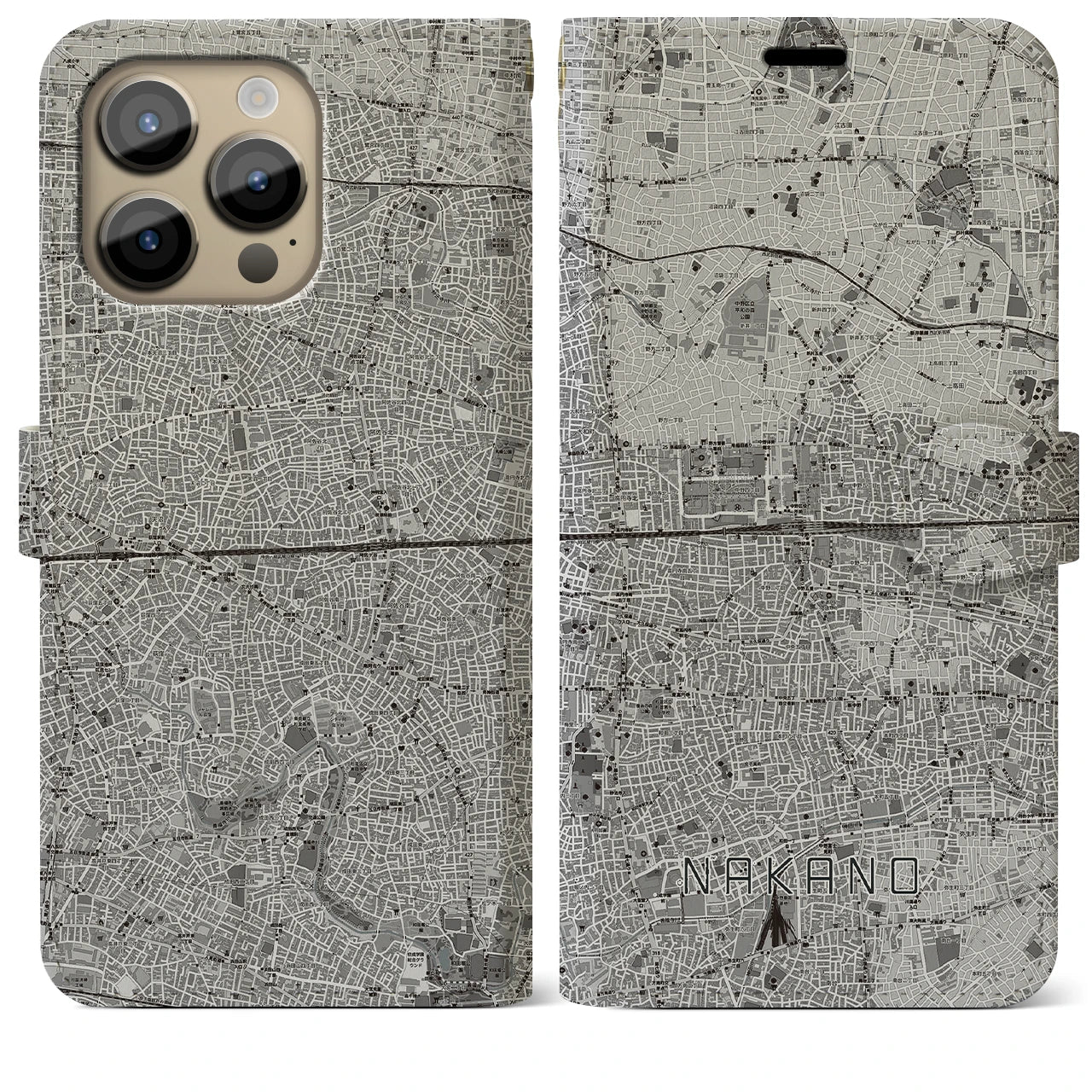 【中野2(東京都)】地図柄iPhoneケース(手帳タイプ)モノトーン・iPhone 14 Pro Max 用