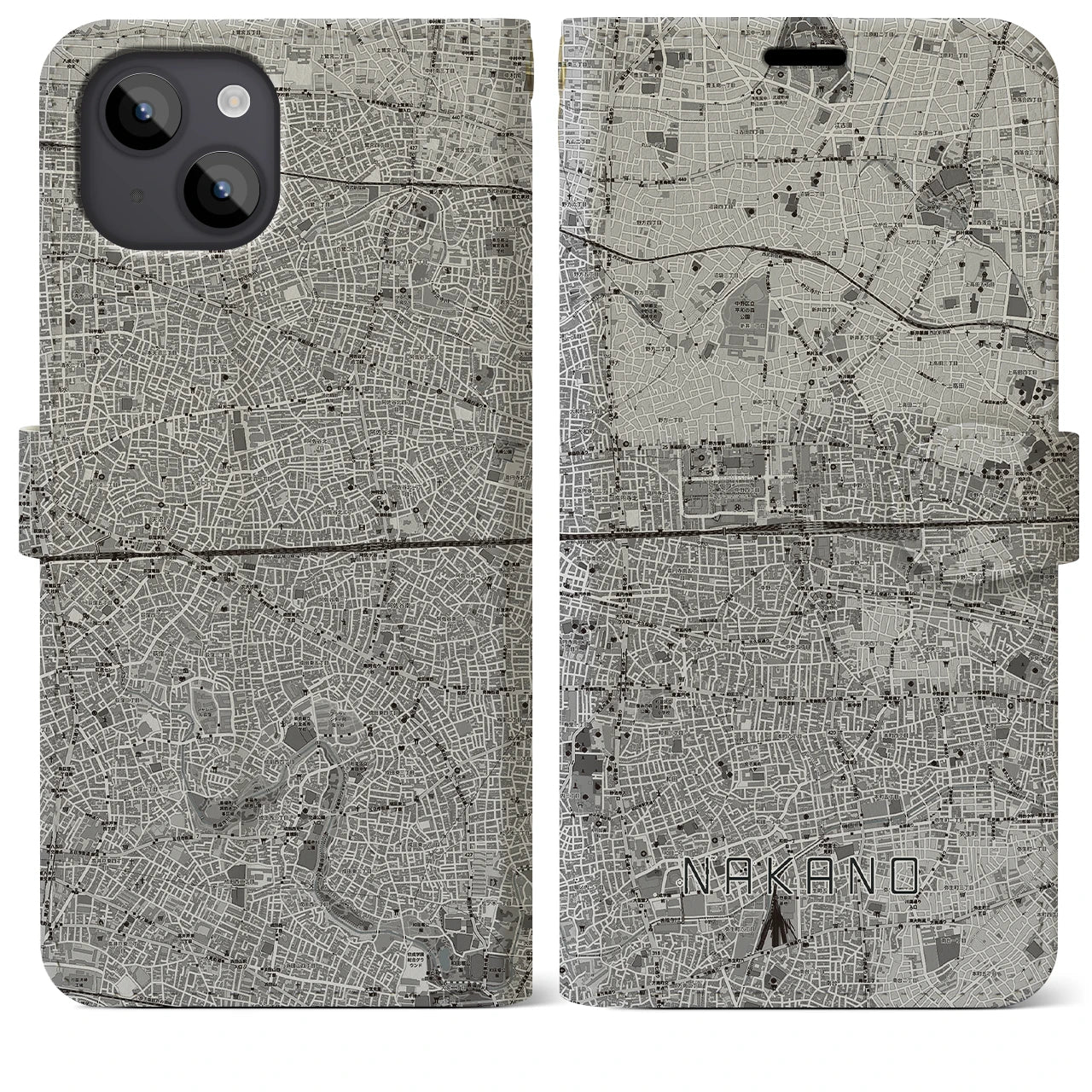 【中野2(東京都)】地図柄iPhoneケース(手帳タイプ)モノトーン・iPhone 14 Plus 用