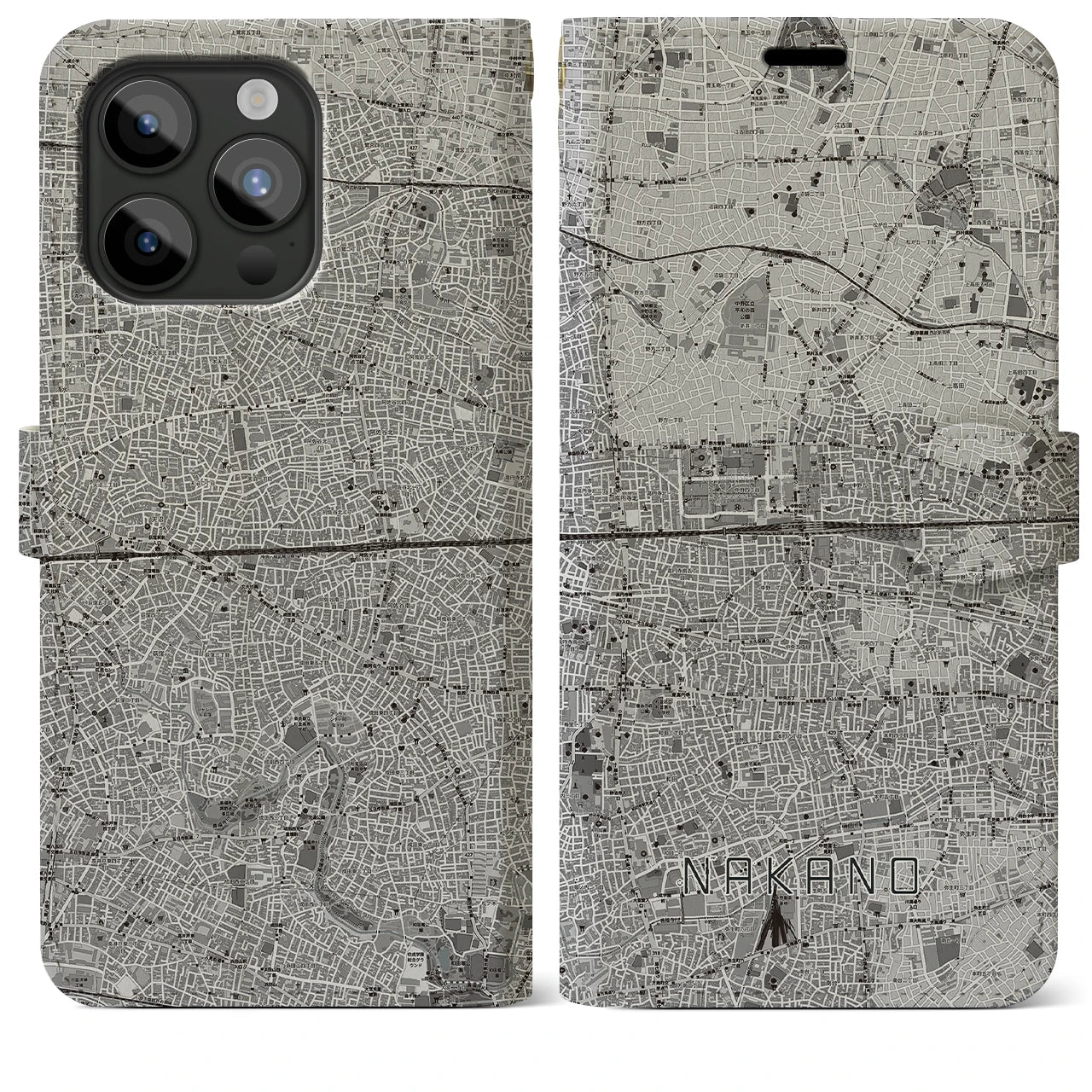 【中野2(東京都)】地図柄iPhoneケース(手帳タイプ)モノトーン・iPhone 15 Pro Max 用
