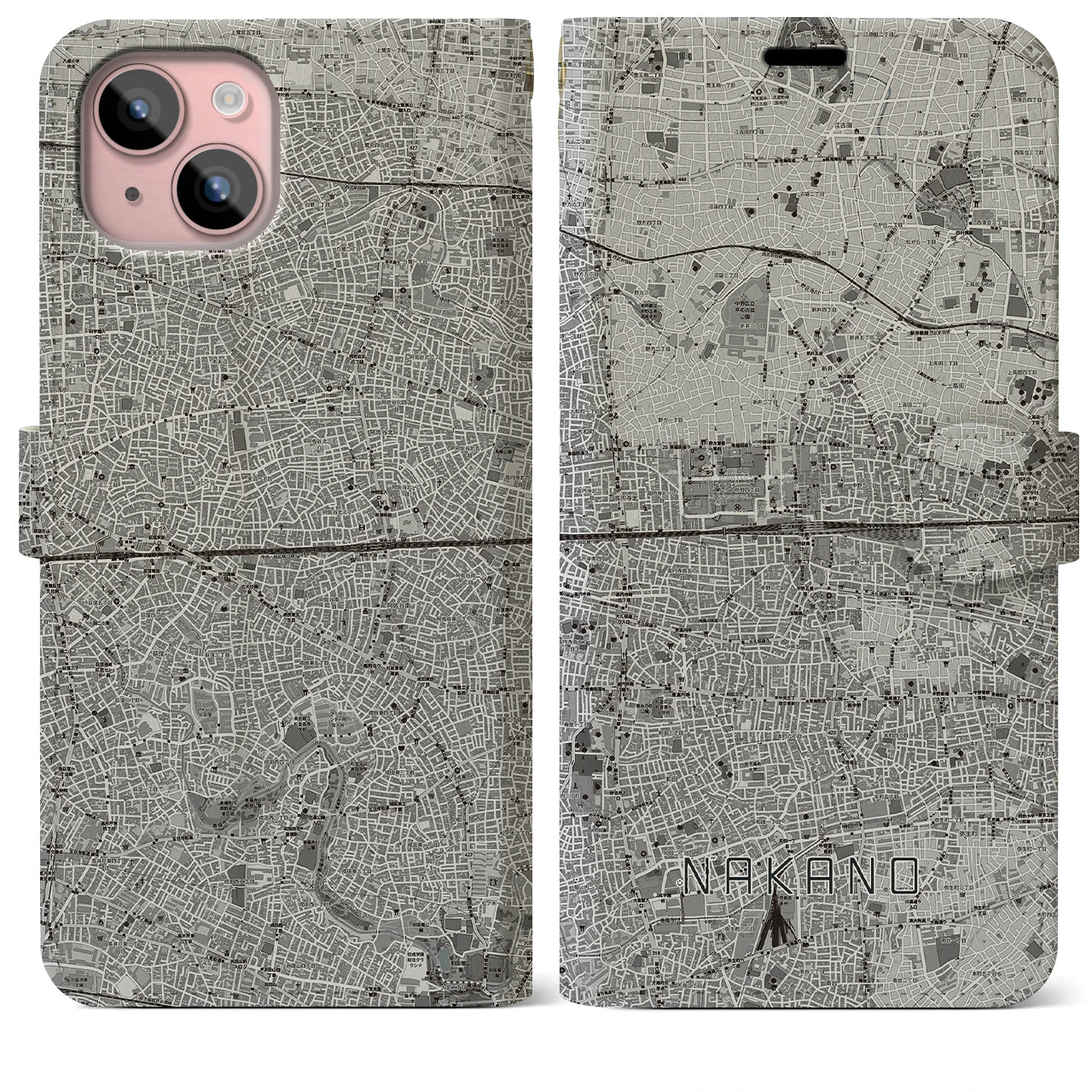 【中野2(東京都)】地図柄iPhoneケース(手帳タイプ)モノトーン・iPhone 15 Plus 用