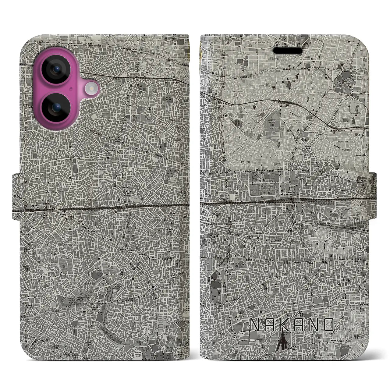 【中野2(東京都)】地図柄iPhoneケース(手帳タイプ)モノトーン・iPhone 16 Pro 用