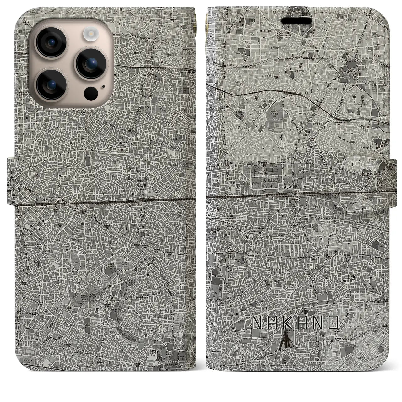 【中野2(東京都)】地図柄iPhoneケース(手帳タイプ)モノトーン・iPhone 16 Plus 用
