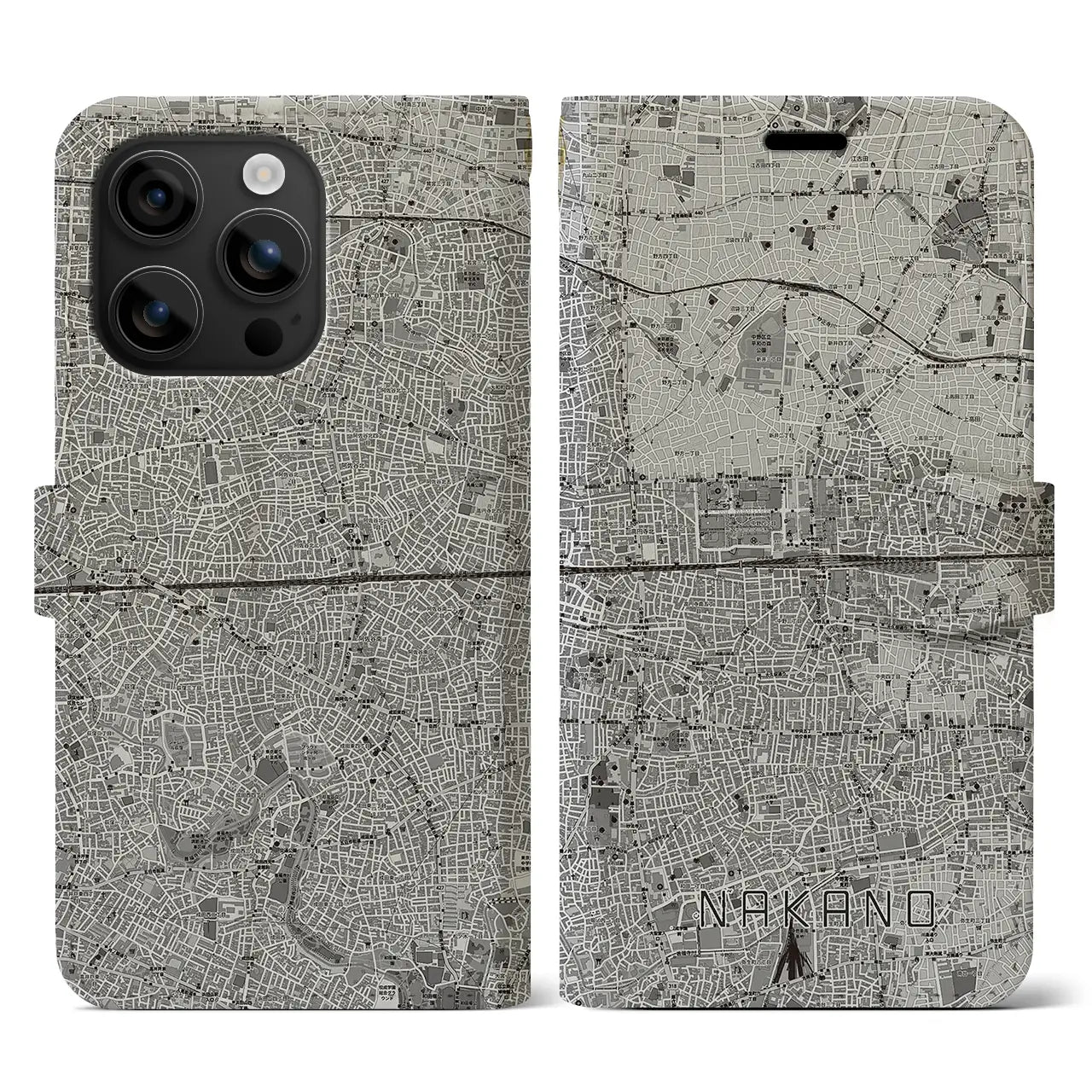 【中野2(東京都)】地図柄iPhoneケース(手帳タイプ)モノトーン・iPhone 16 用