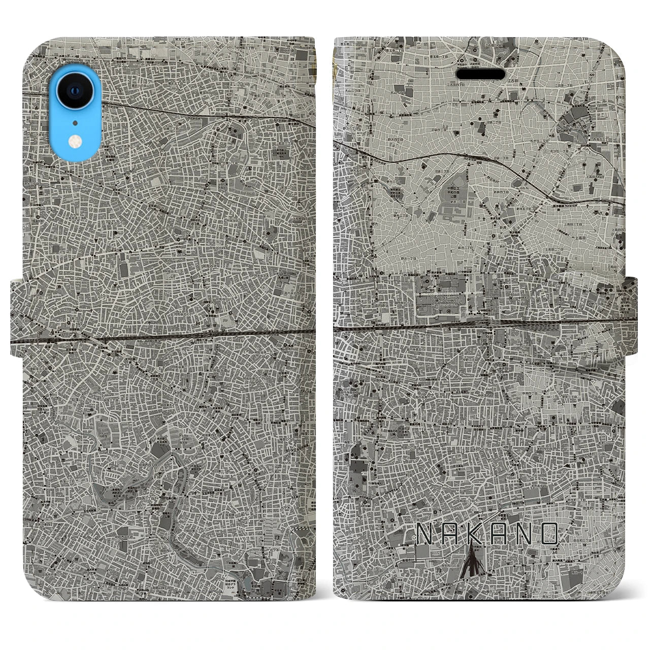 【中野2(東京都)】地図柄iPhoneケース(手帳タイプ)モノトーン・iPhone XR 用