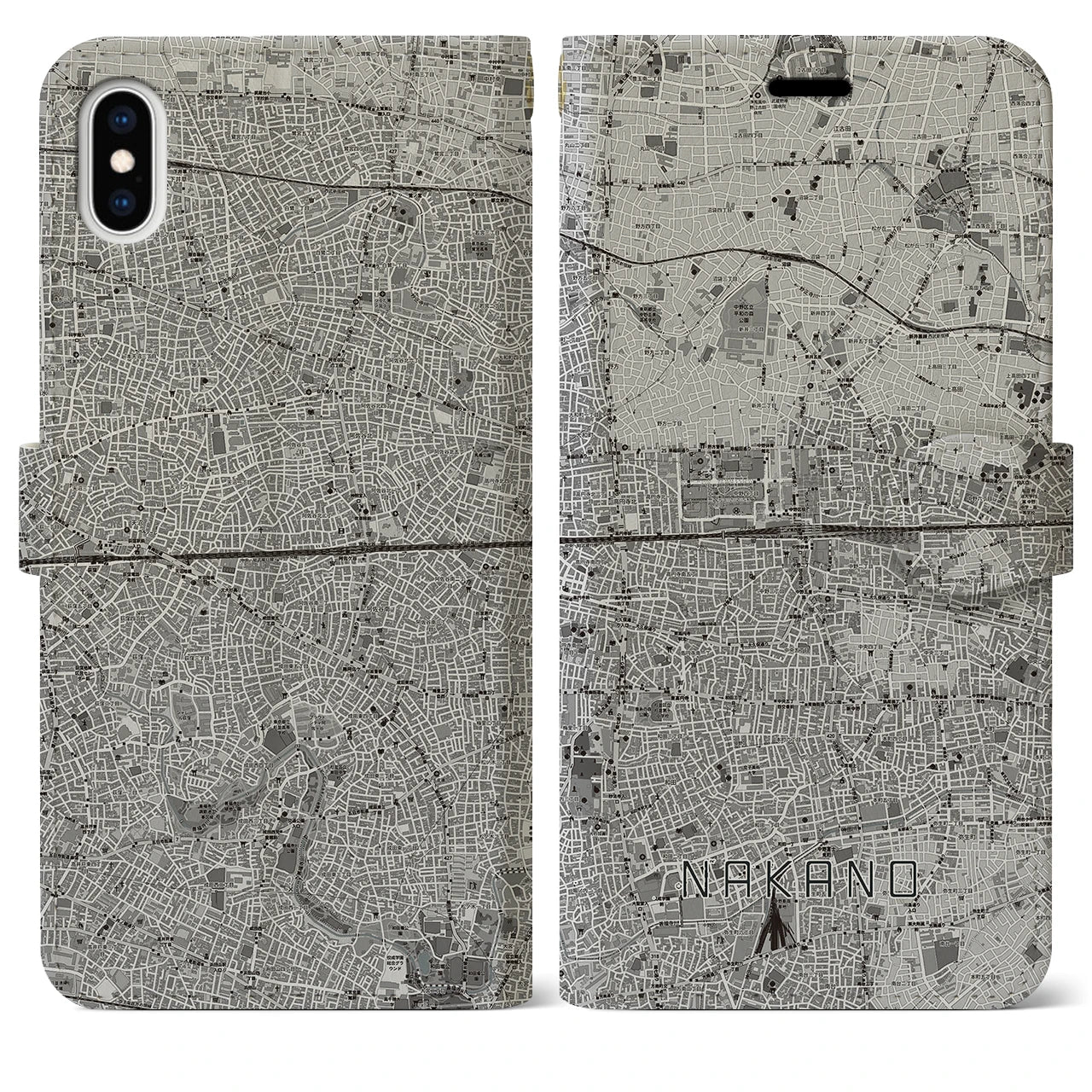 【中野2(東京都)】地図柄iPhoneケース(手帳タイプ)モノトーン・iPhone XS Max 用