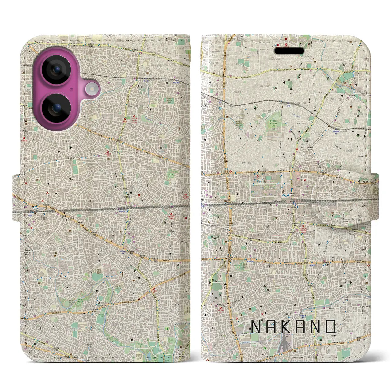 【中野2(東京都)】地図柄iPhoneケース(手帳タイプ)ナチュラル・iPhone 16 Pro 用