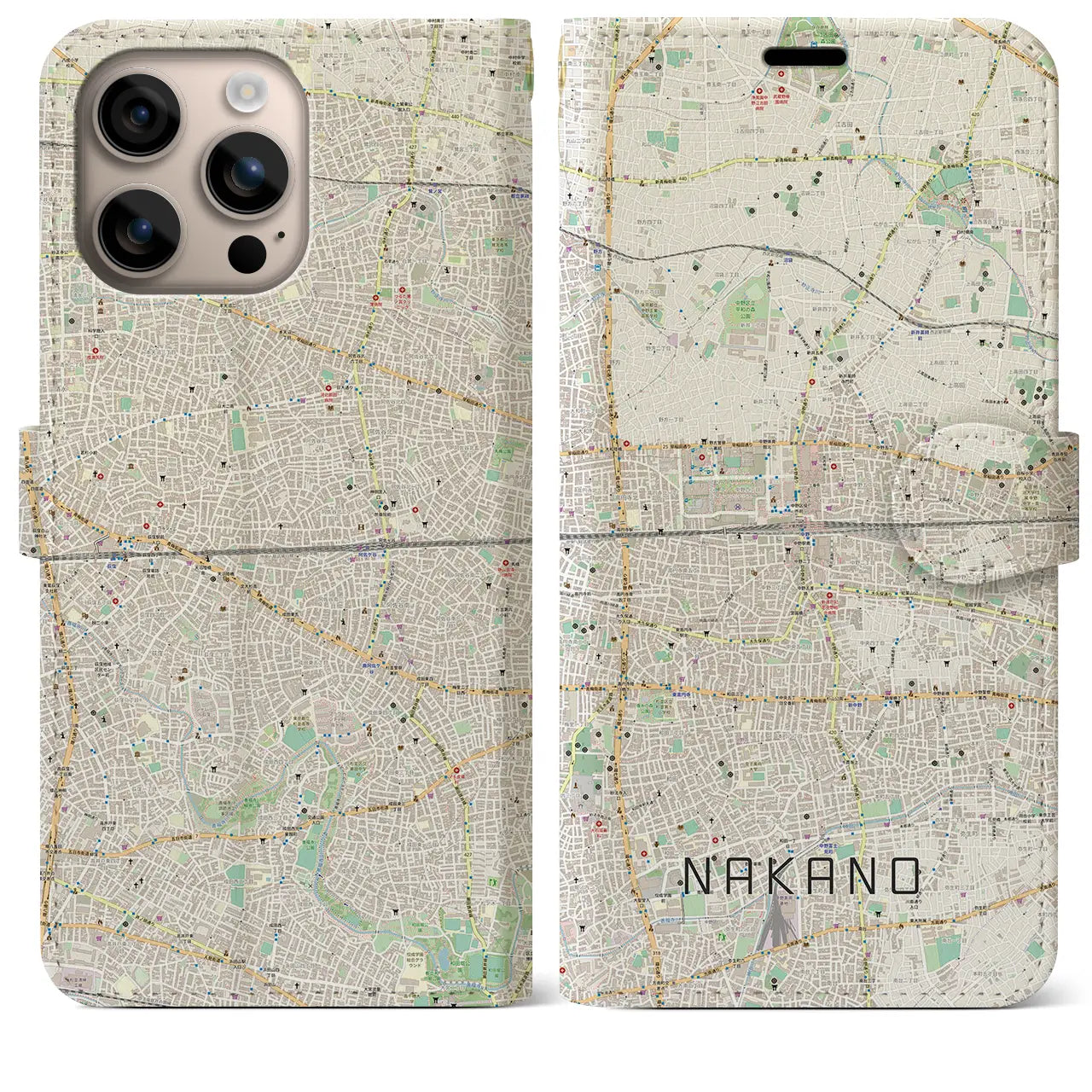【中野2(東京都)】地図柄iPhoneケース(手帳タイプ)ナチュラル・iPhone 16 Plus 用