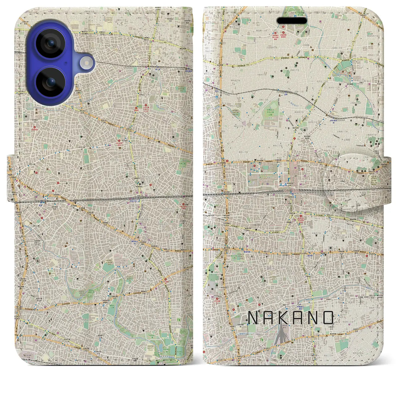 【中野2(東京都)】地図柄iPhoneケース(手帳タイプ)ナチュラル・iPhone 16 Pro Max 用