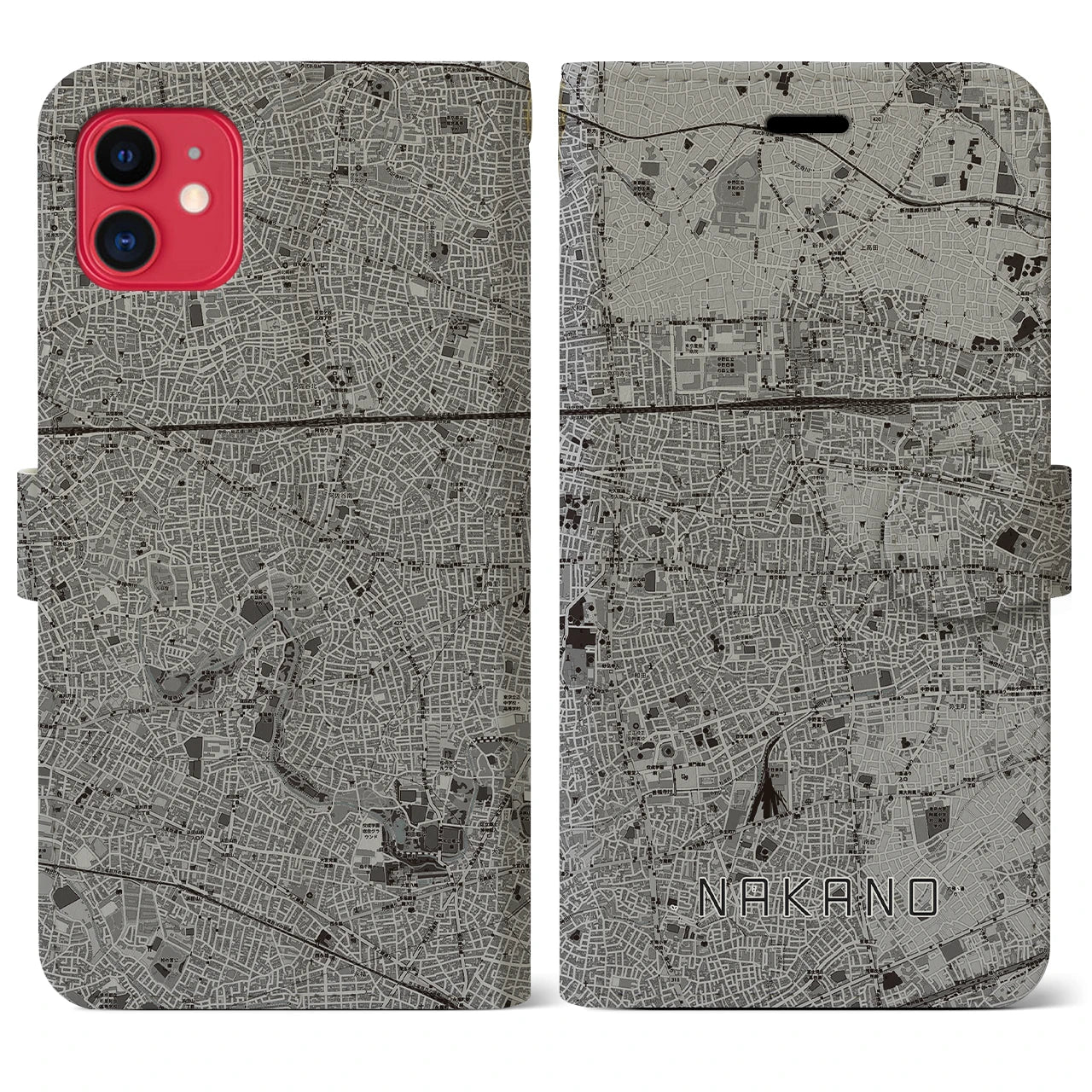 【中野(東京都)】地図柄iPhoneケース(手帳タイプ)モノトーン・iPhone 11 用