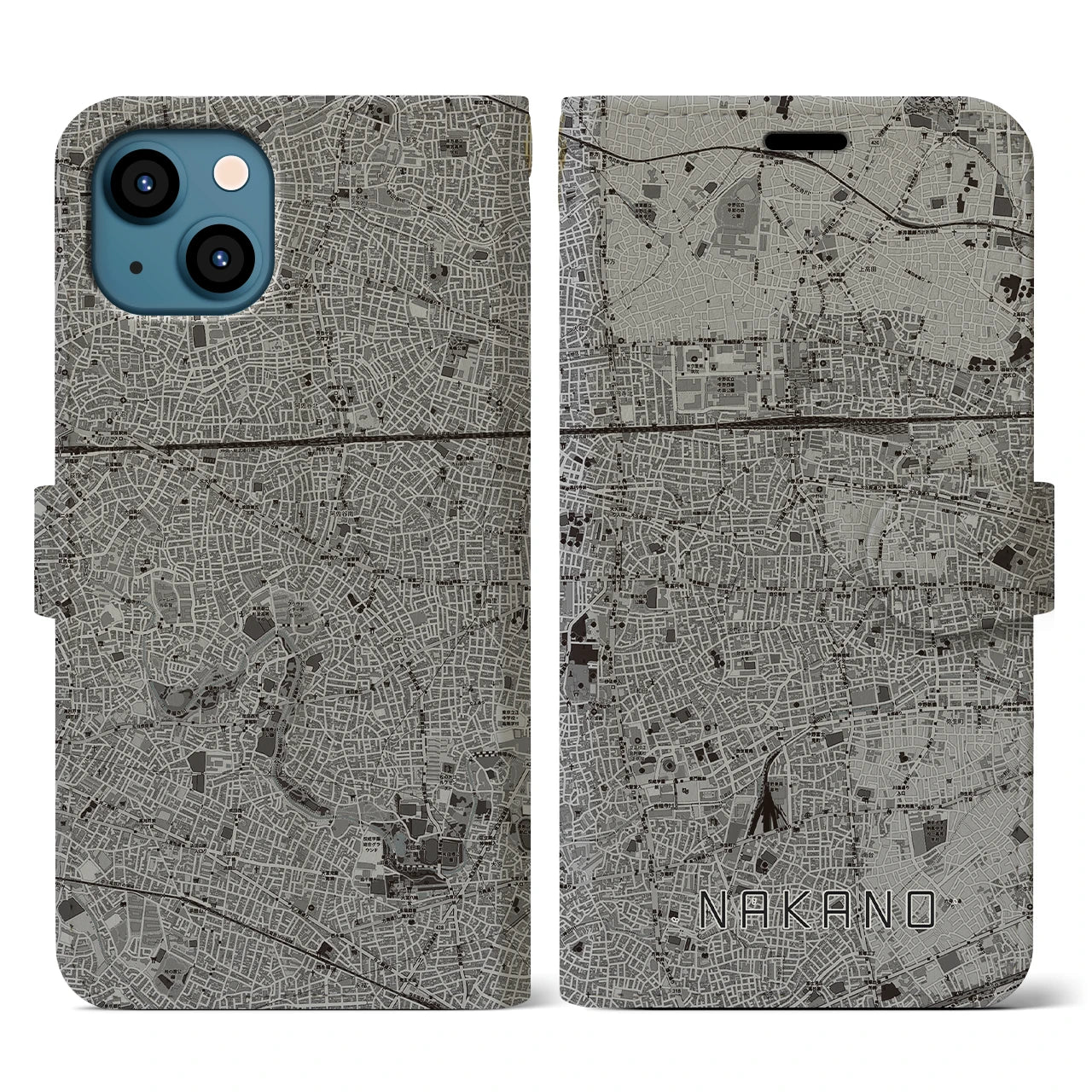 【中野(東京都)】地図柄iPhoneケース(手帳タイプ)モノトーン・iPhone 13 用