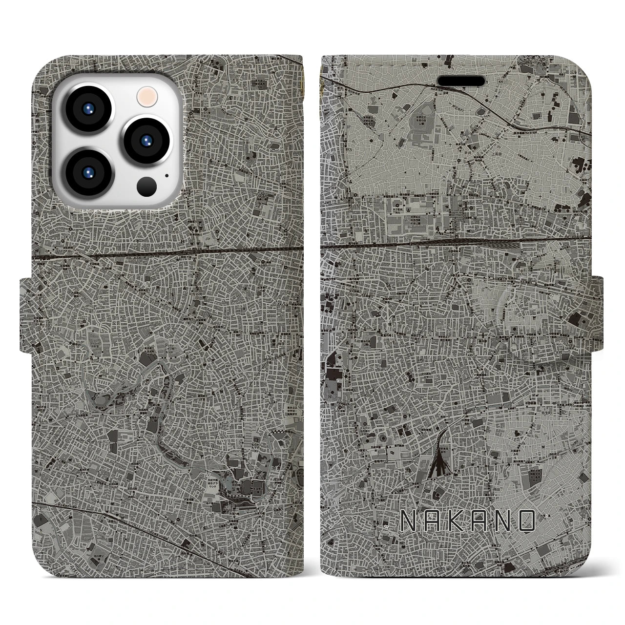 【中野(東京都)】地図柄iPhoneケース(手帳タイプ)モノトーン・iPhone 13 Pro 用