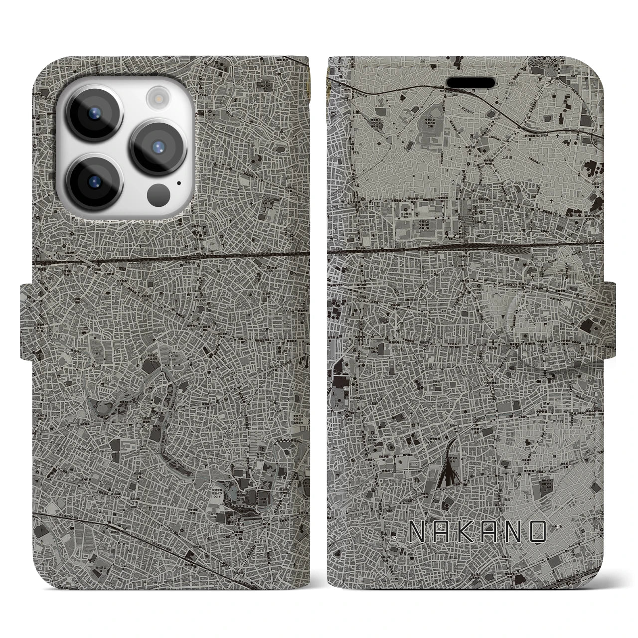 【中野(東京都)】地図柄iPhoneケース(手帳タイプ)モノトーン・iPhone 14 Pro 用