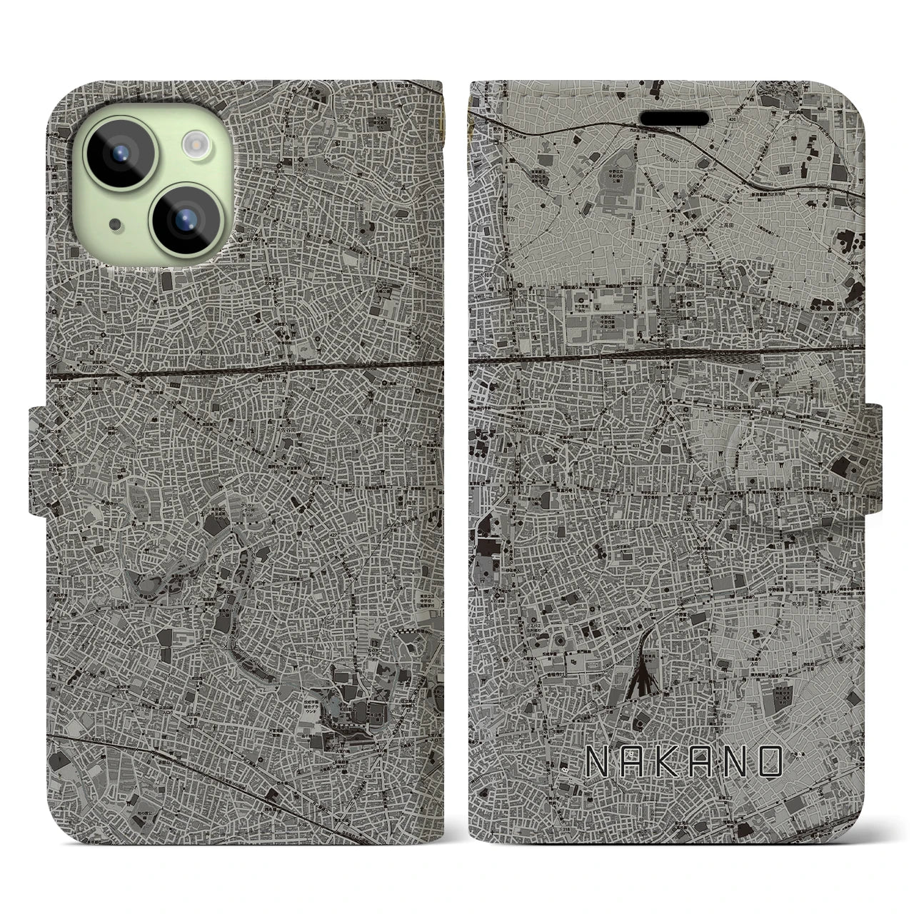 【中野(東京都)】地図柄iPhoneケース(手帳タイプ)モノトーン・iPhone 15 用