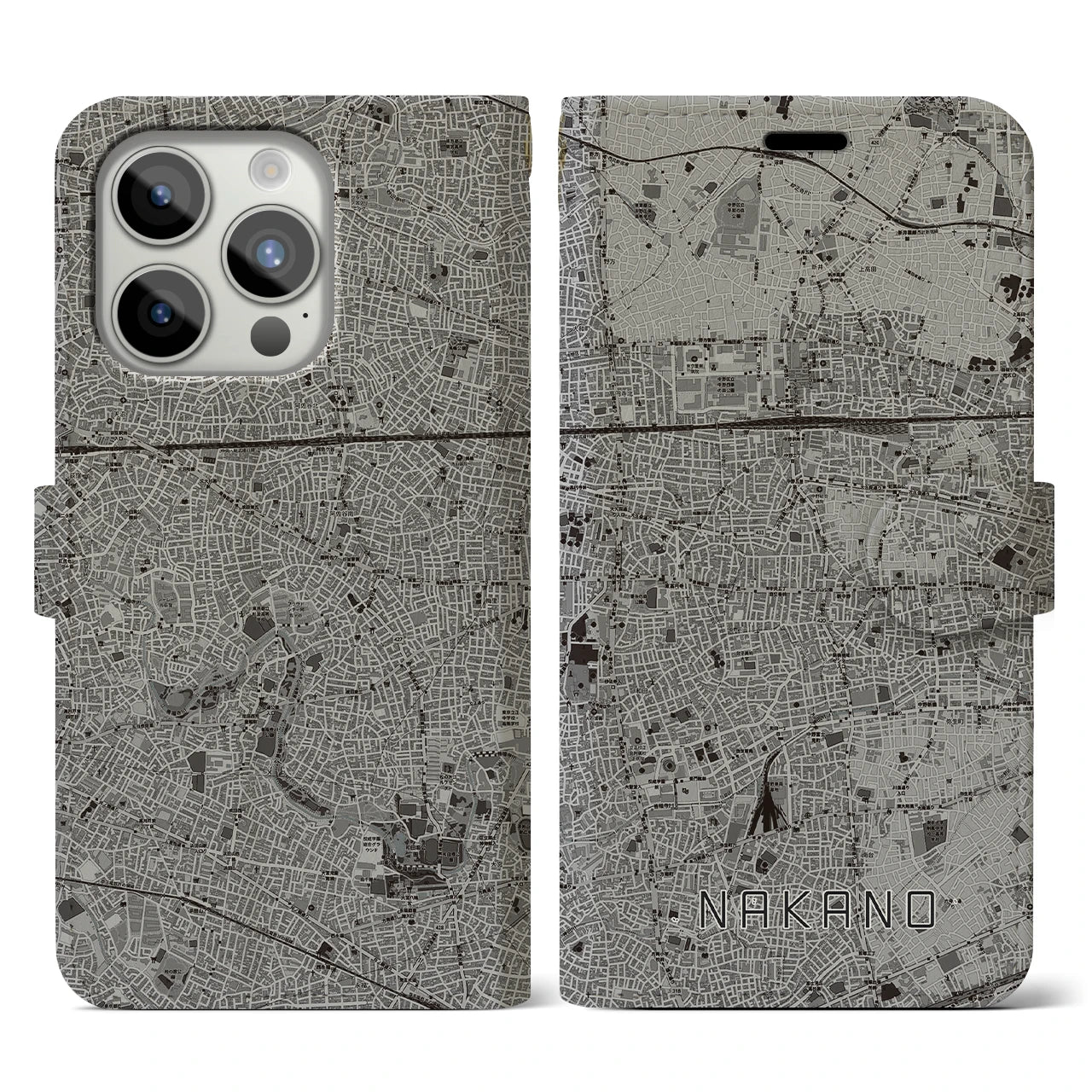 【中野(東京都)】地図柄iPhoneケース(手帳タイプ)モノトーン・iPhone 15 Pro 用