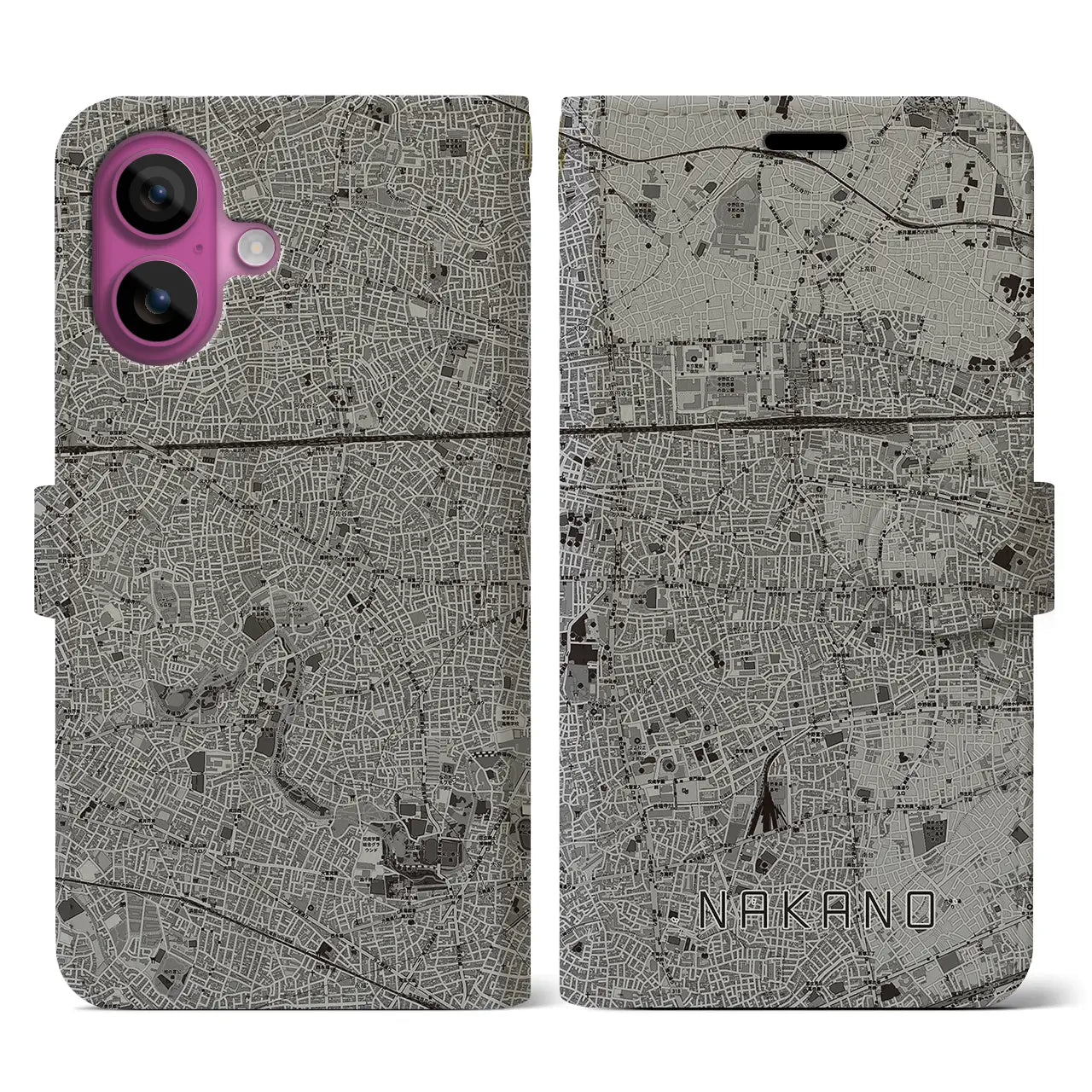 【中野(東京都)】地図柄iPhoneケース(手帳タイプ)モノトーン・iPhone 16 Pro 用