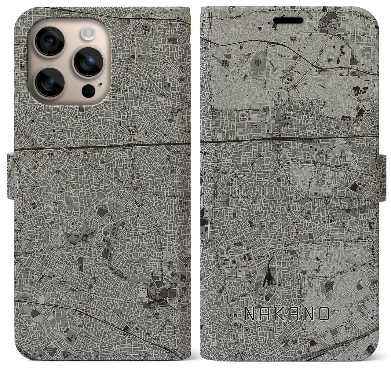 【中野(東京都)】地図柄iPhoneケース(手帳タイプ)モノトーン・iPhone 16 Plus 用