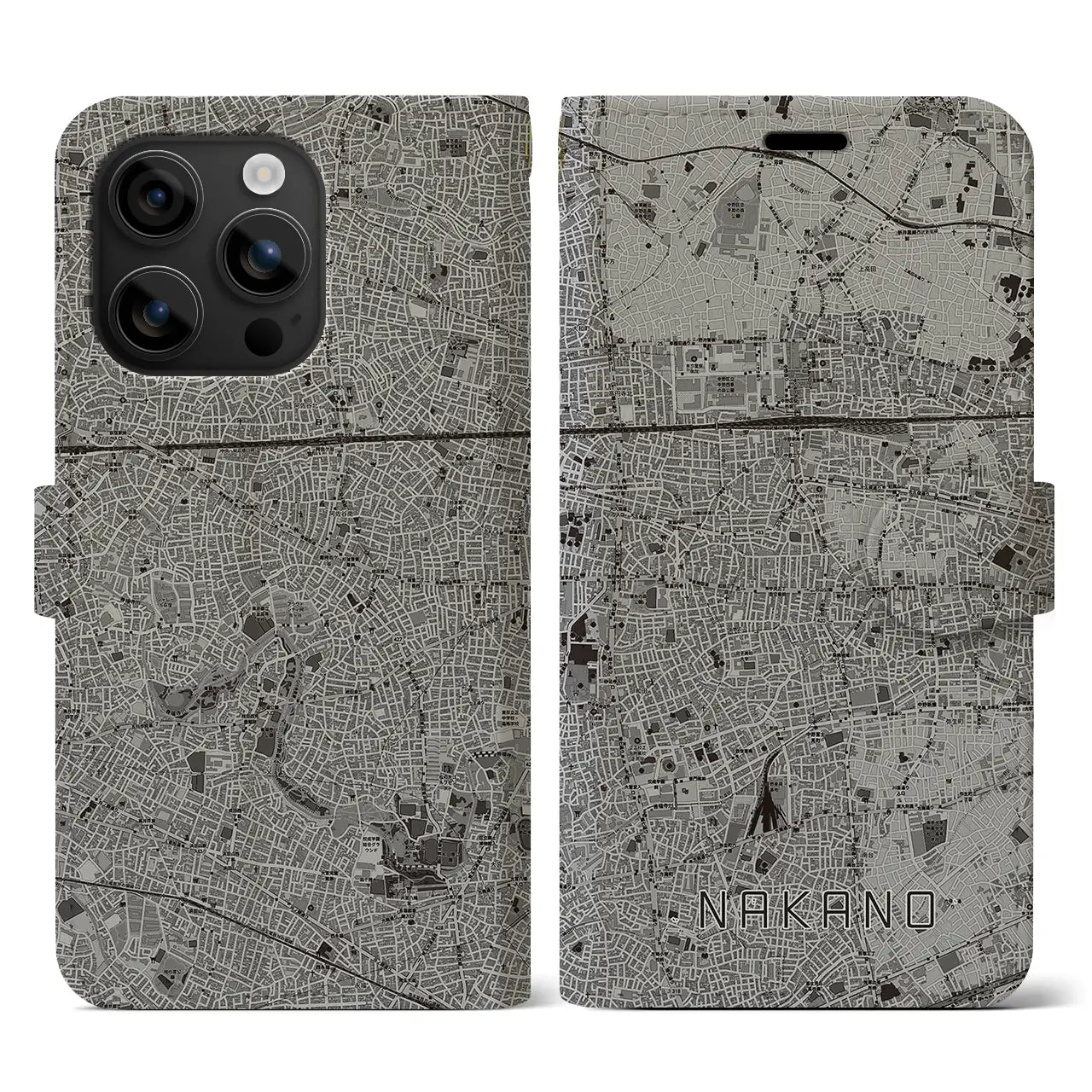 【中野(東京都)】地図柄iPhoneケース(手帳タイプ)モノトーン・iPhone 16 用
