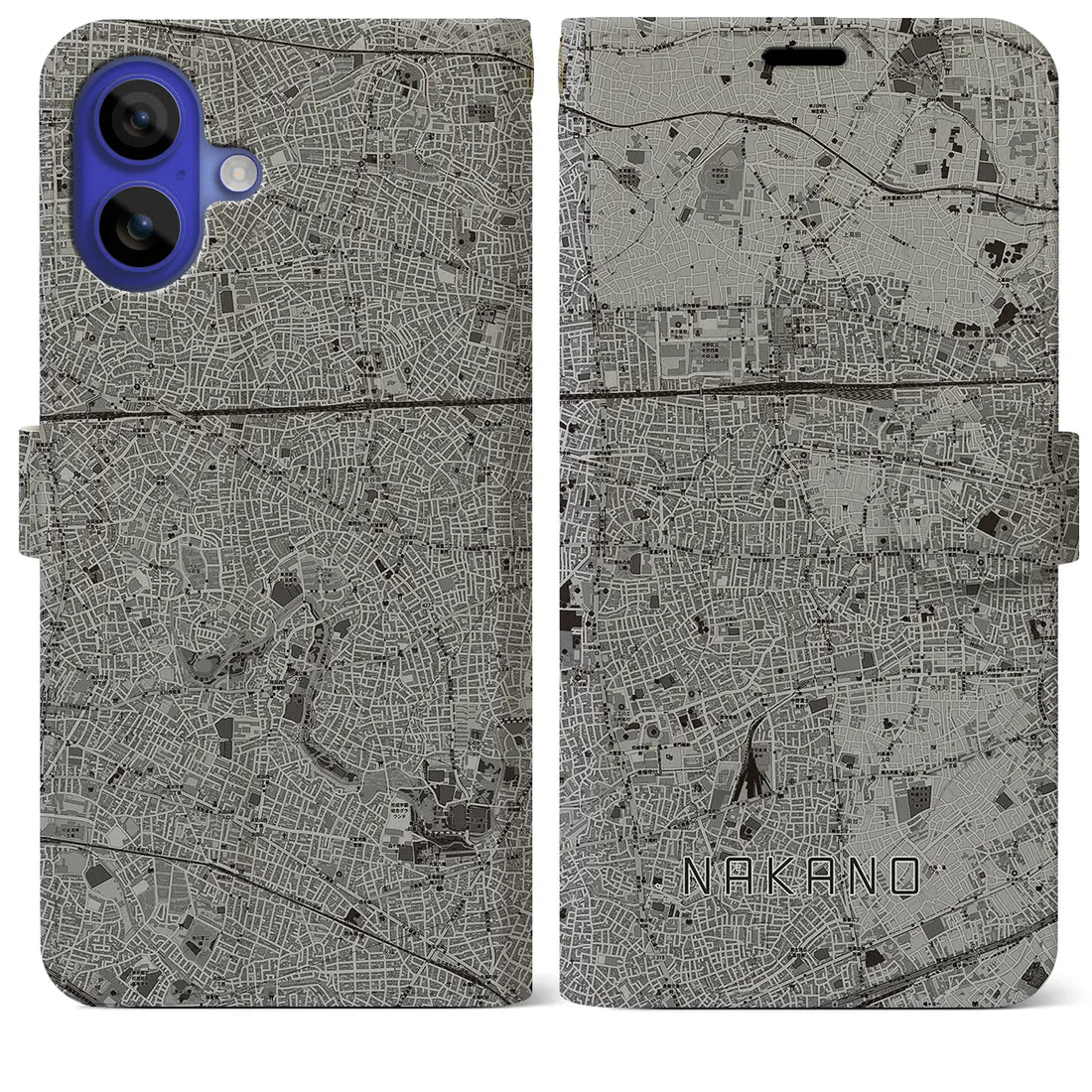 【中野(東京都)】地図柄iPhoneケース(手帳タイプ)モノトーン・iPhone 16 Pro Max 用
