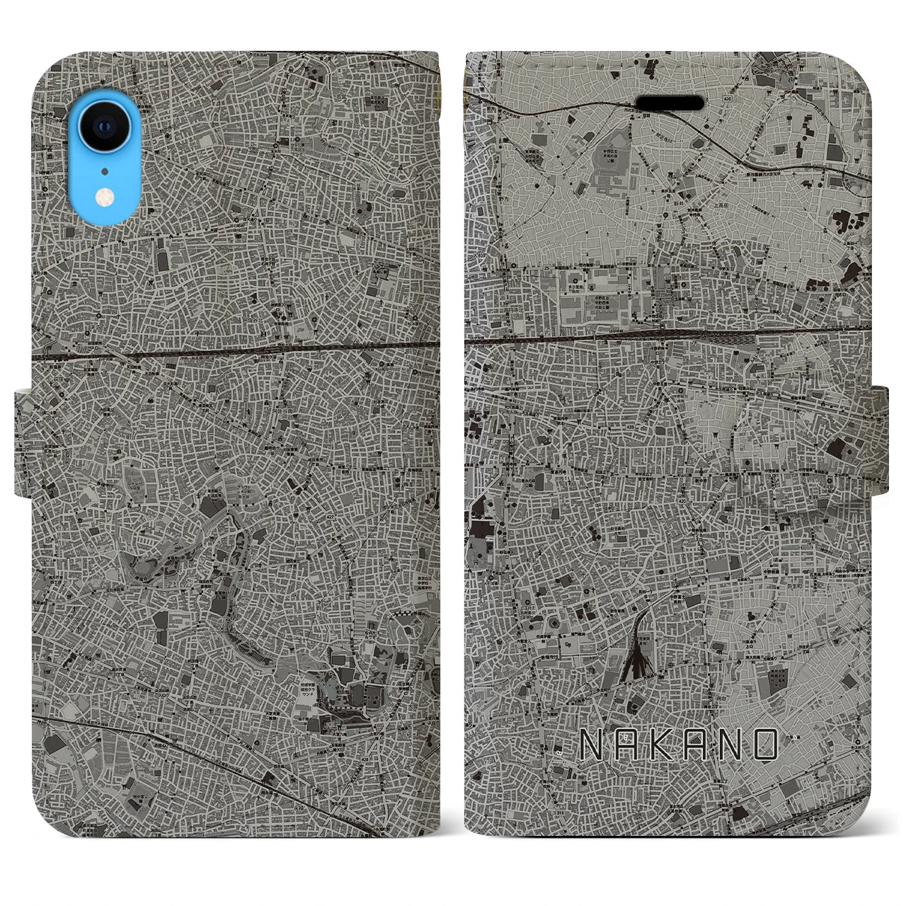 【中野(東京都)】地図柄iPhoneケース(手帳タイプ)モノトーン・iPhone XR 用