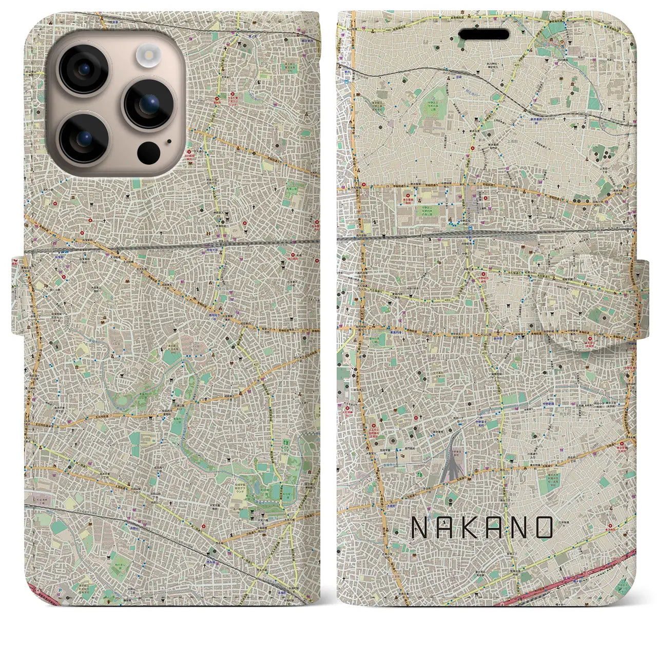 【中野(東京都)】地図柄iPhoneケース(手帳タイプ)ナチュラル・iPhone 16 Plus 用