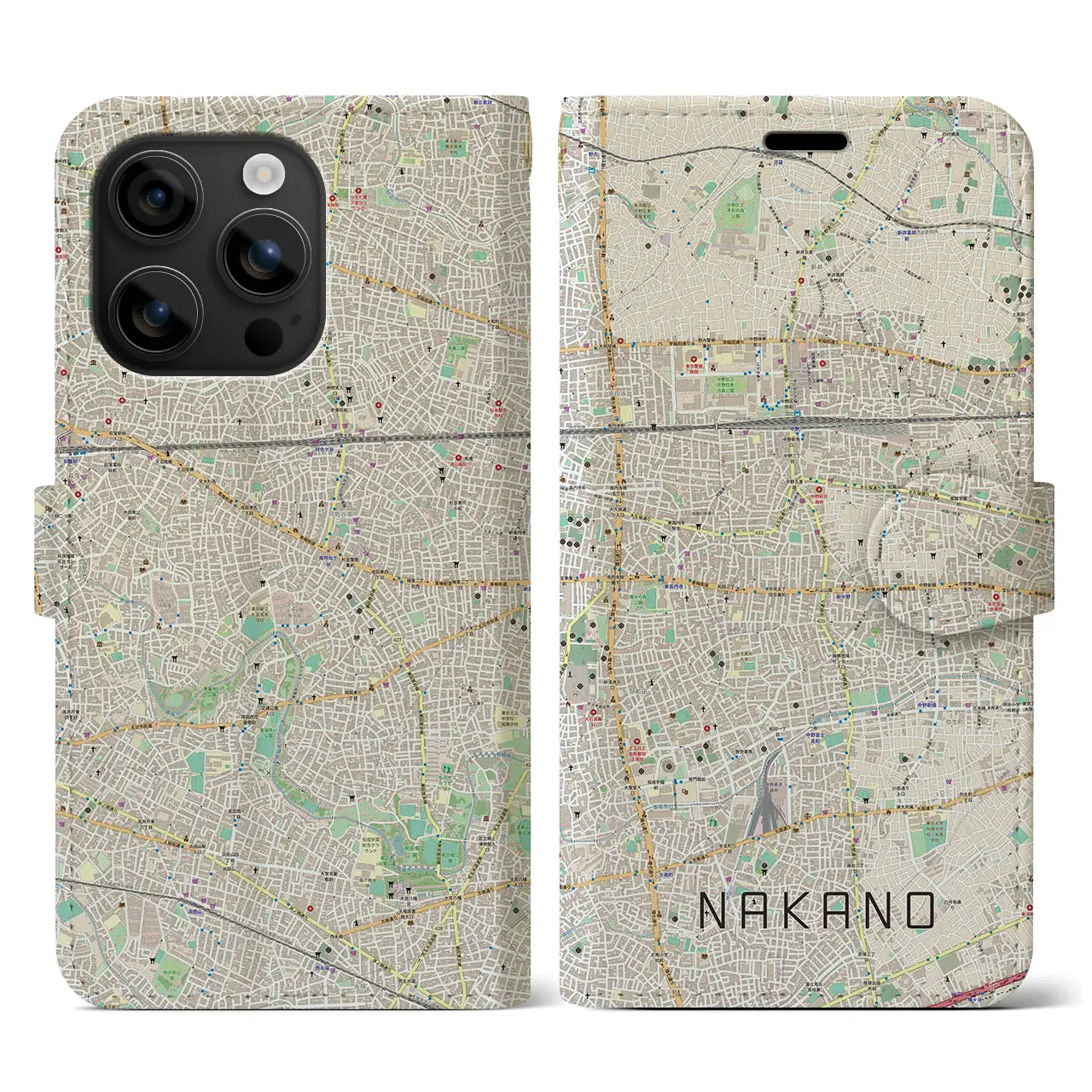 【中野(東京都)】地図柄iPhoneケース(手帳タイプ)ナチュラル・iPhone 16 用