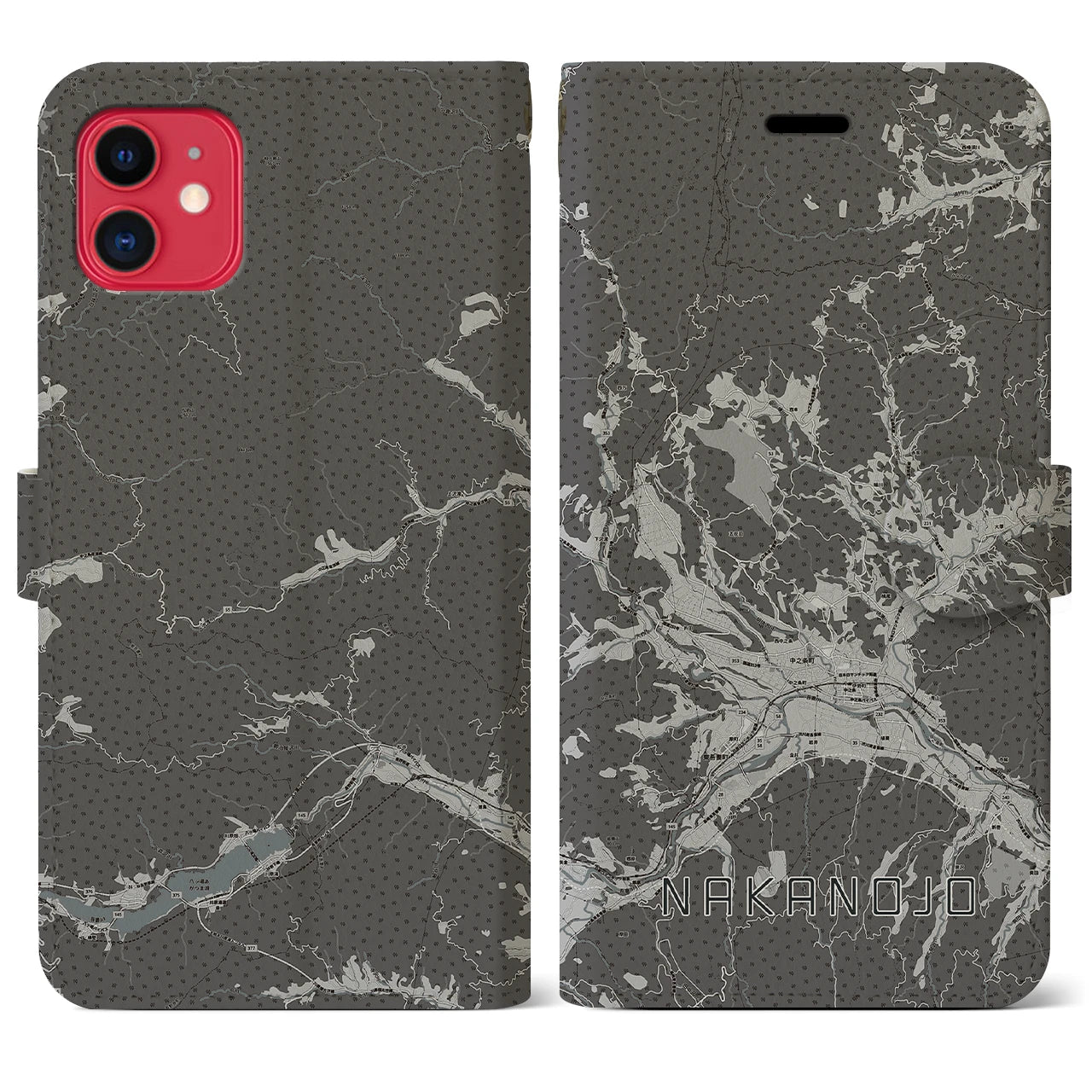 【中之条(群馬県)】地図柄iPhoneケース(手帳タイプ)モノトーン・iPhone 11 用