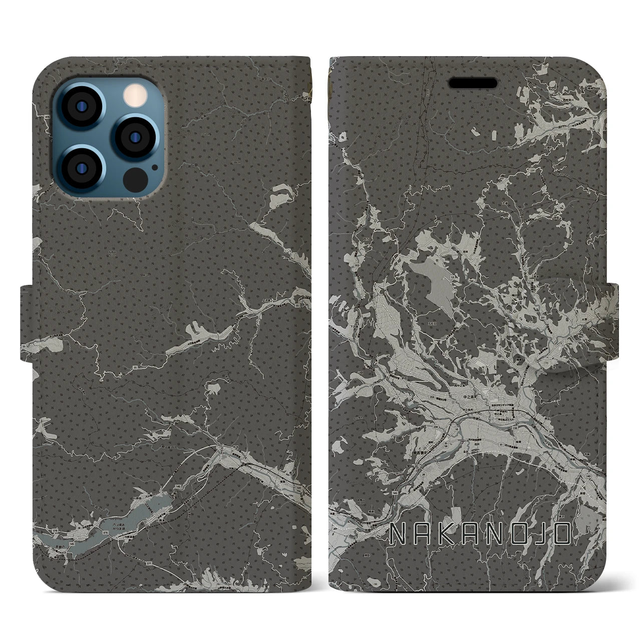 【中之条(群馬県)】地図柄iPhoneケース(手帳タイプ)モノトーン・iPhone 12 / 12 Pro 用