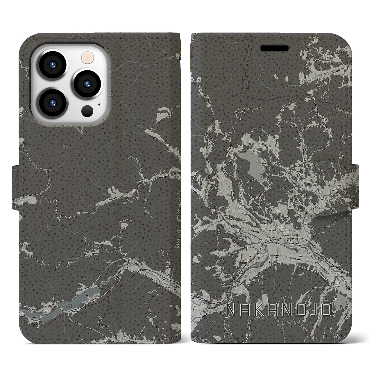 【中之条(群馬県)】地図柄iPhoneケース(手帳タイプ)モノトーン・iPhone 13 Pro 用
