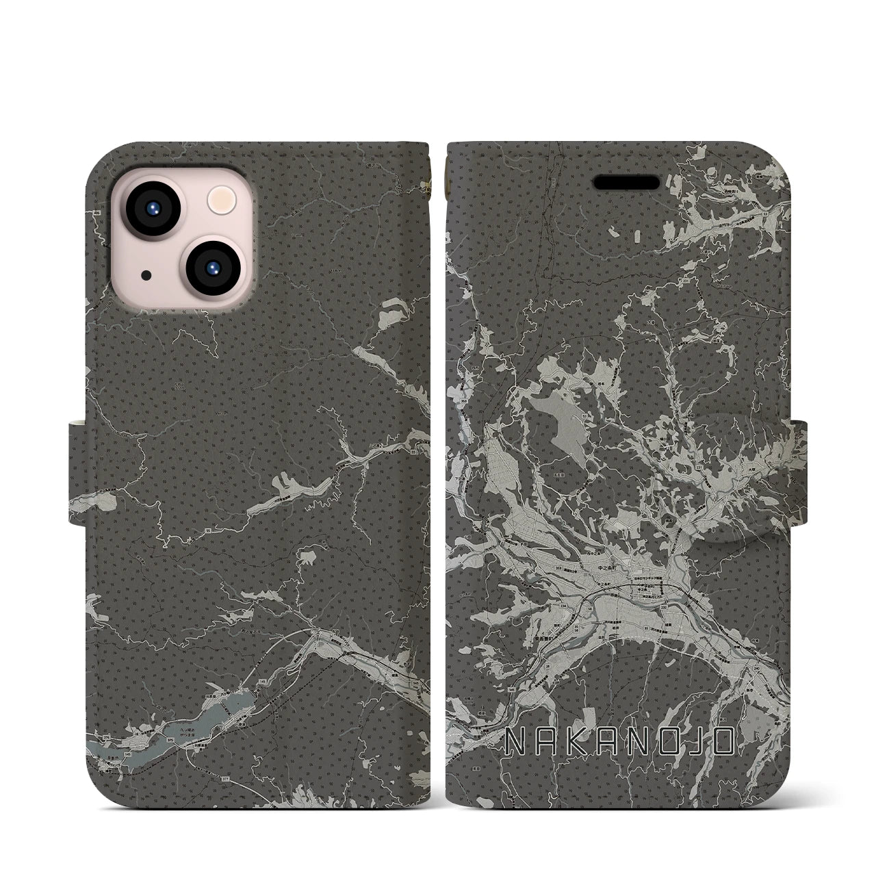 【中之条(群馬県)】地図柄iPhoneケース(手帳タイプ)モノトーン・iPhone 13 mini 用