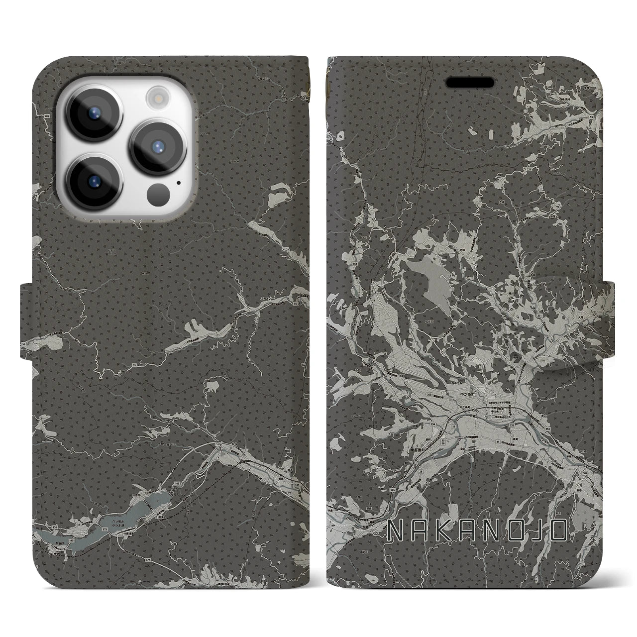 【中之条(群馬県)】地図柄iPhoneケース(手帳タイプ)モノトーン・iPhone 14 Pro 用